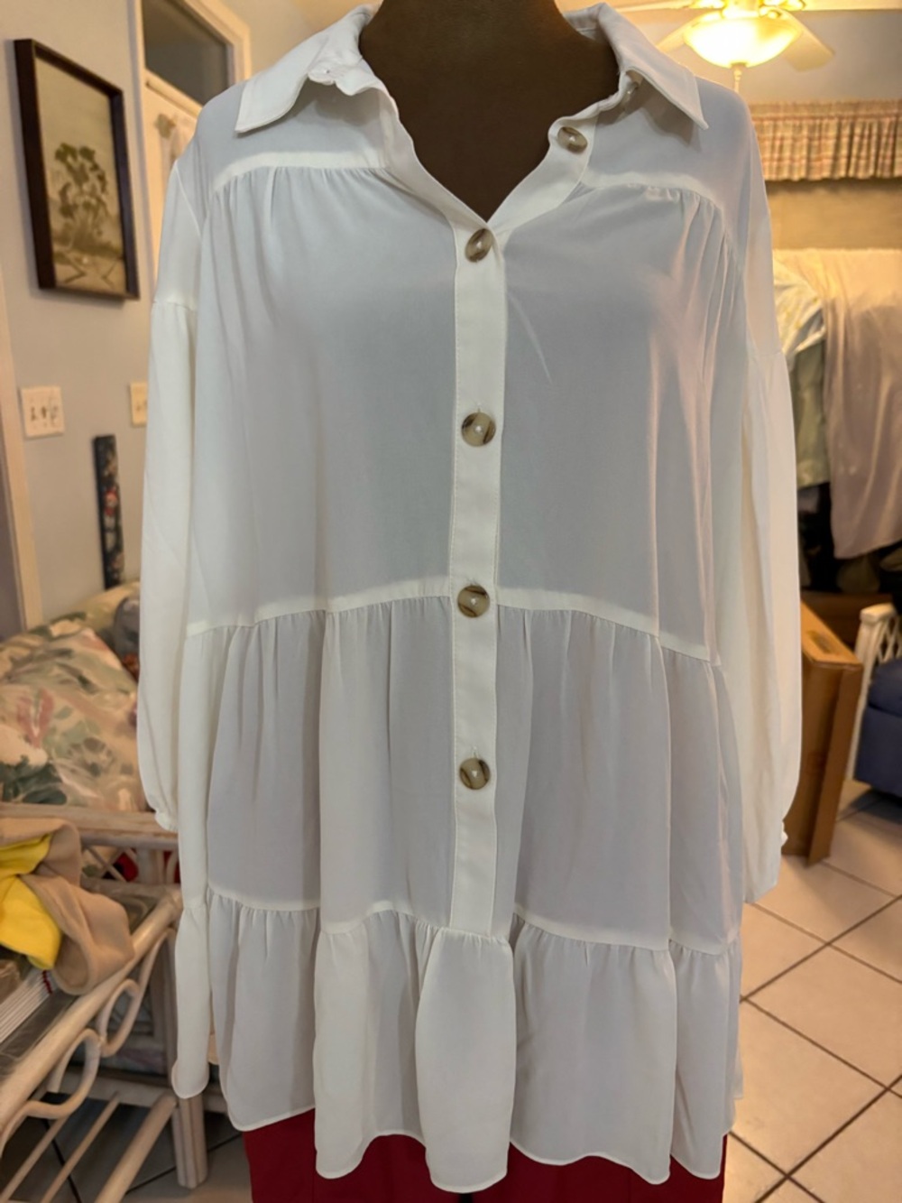 Cato Ivory Button-Front Tiered Long-Sleeve Dress